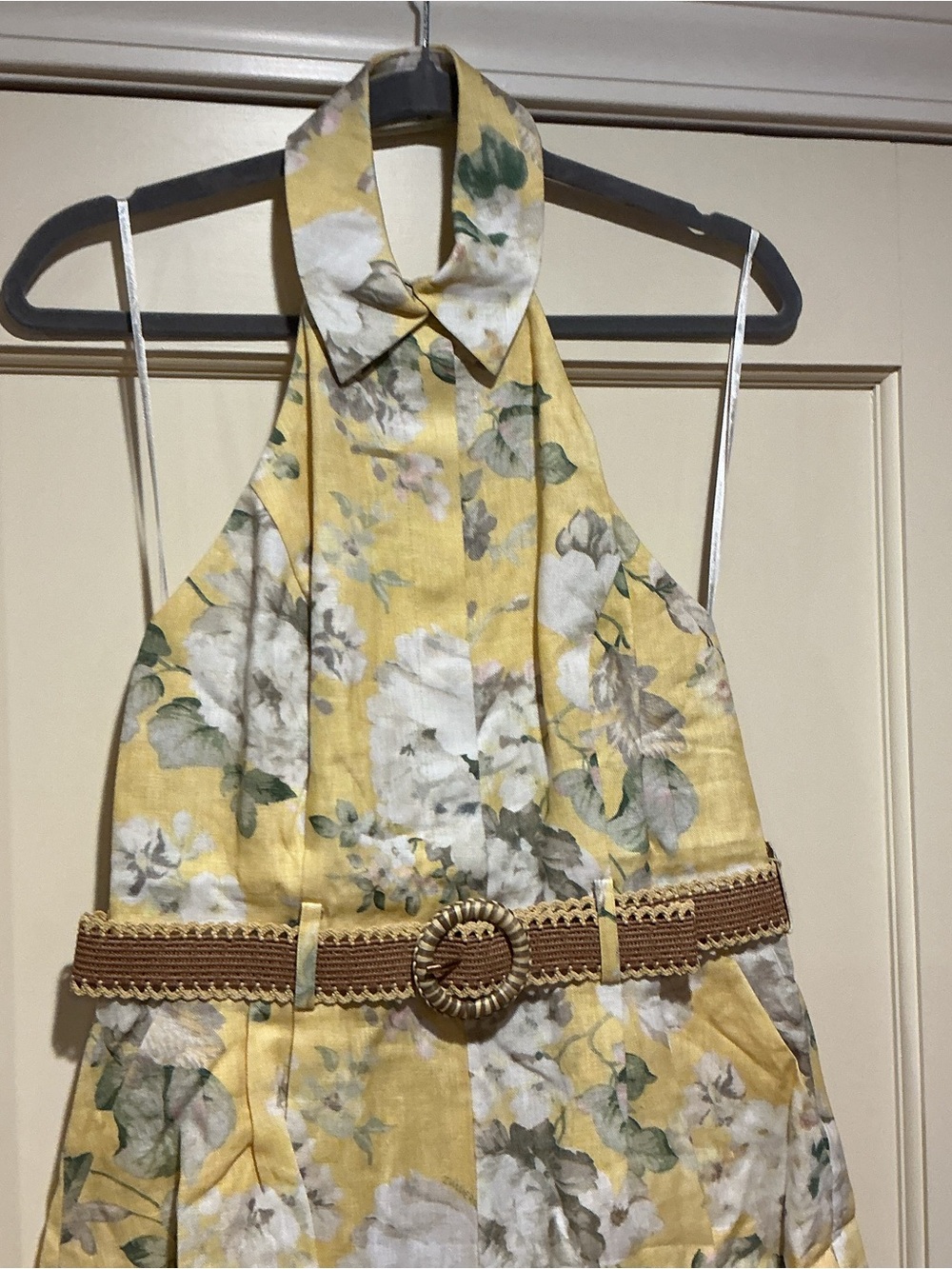 NWOT Zimmermann Yellow Floral Halter Linen Romper with Belt, Size AU 2 = M - Picture 3 of 9